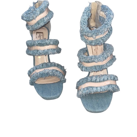 - Laura Marano Not Rated Platform Heels Blue Jean Fringe 5 inch Open Toe SZ 8 - Picture 3 of 11